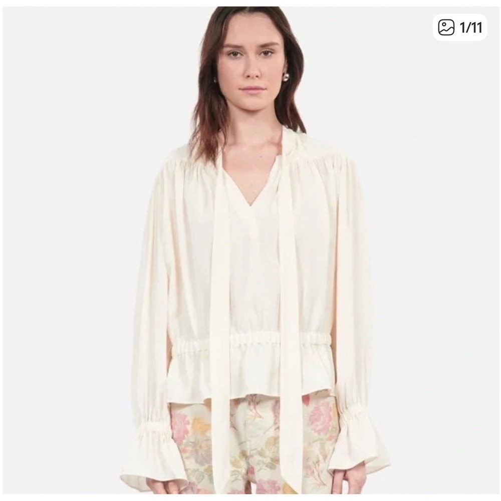 THE KOOPLES Womens‎ Ivory Neck Tie Blouse Long Sleeve Ruffle Hem Size Small